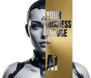 Arti representing ArtiVortex AI marketing services with the message Your Business Future Is AI